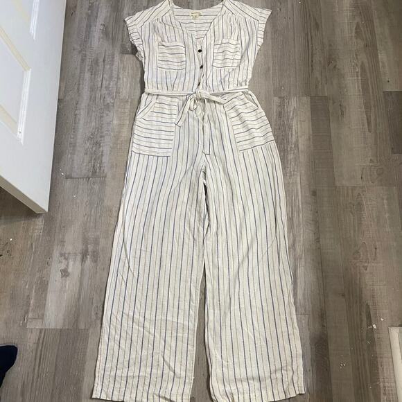Monteau Los Angeles Blue Striped Linen Blend Casual Jumpsuit Sz L Belt, Pockets - Picture 10 of 12